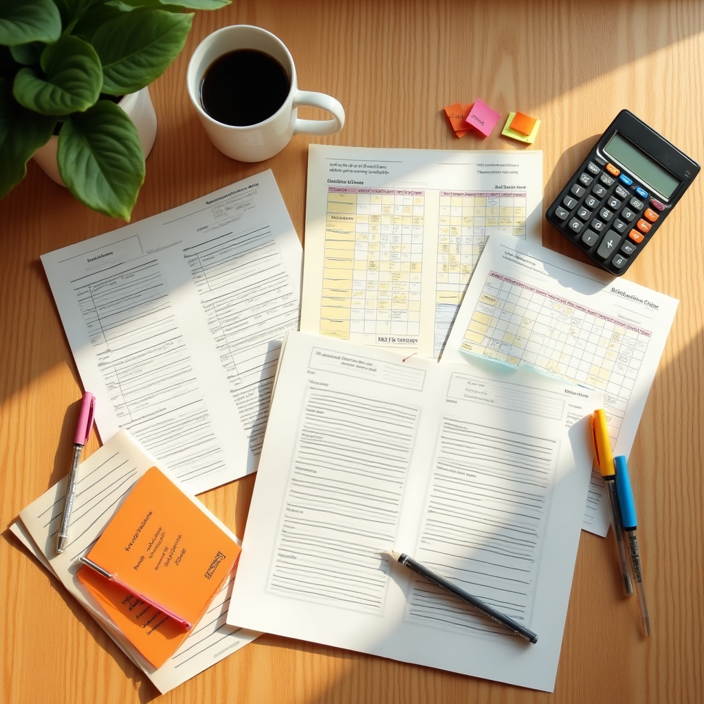 Materiali didattici finanziari disposti ordinatamente su una scrivania in legno